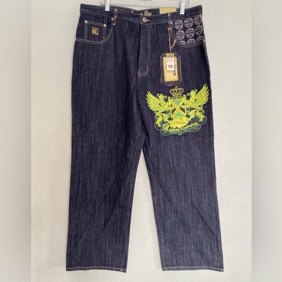 Jeanuin Bleu Embroidered Jamaica Design Dark Blue Denim Jeans 38x32